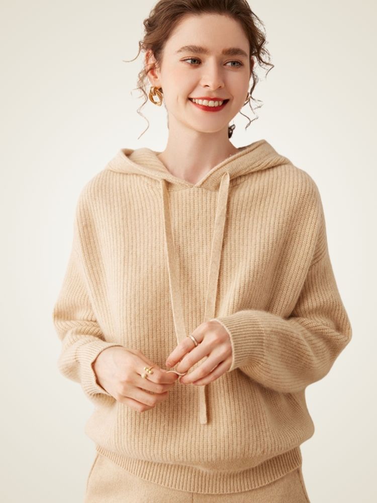 Johanna - Light Camel Ribbed Cashmere Hoodie | The Cashmere Studio