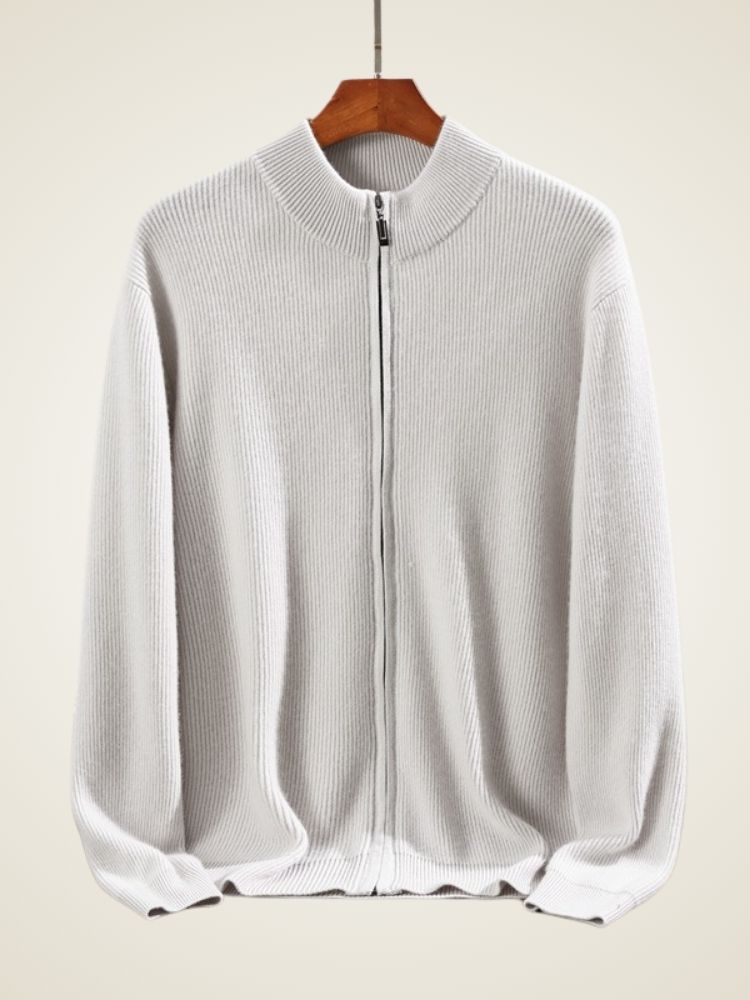 Preston - Light Gray Ribbed Cashmere Zip-Up Cardigan | The Cashmere Studio