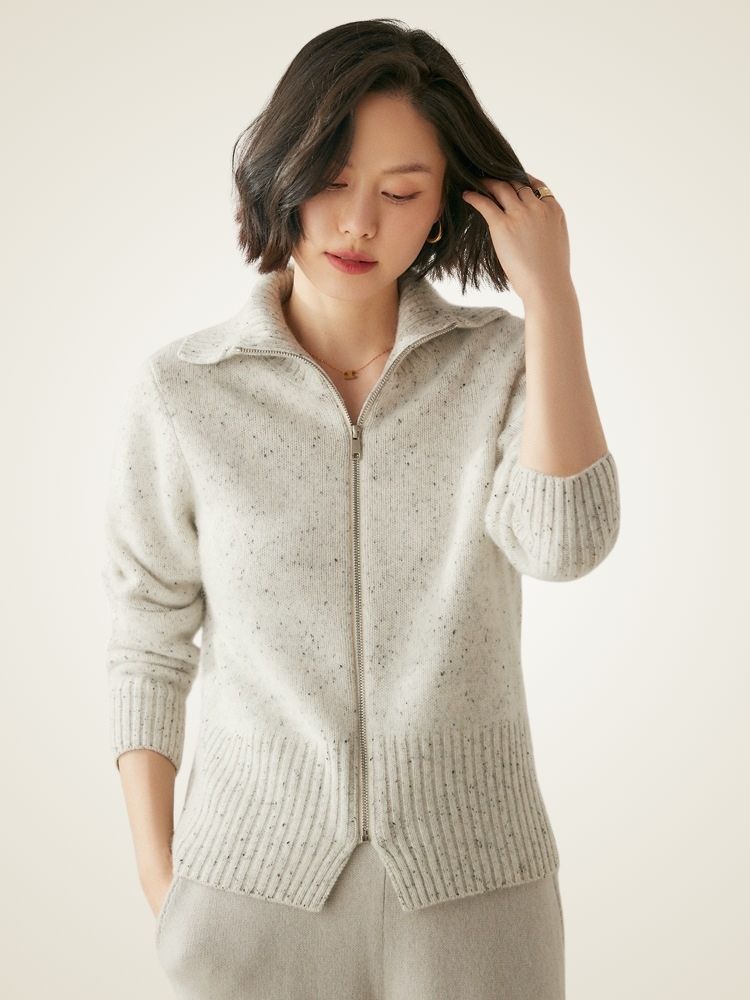 Levana - Light Gray Heather Polo Collar Cashmere Cardigan | The Cashmere Studio