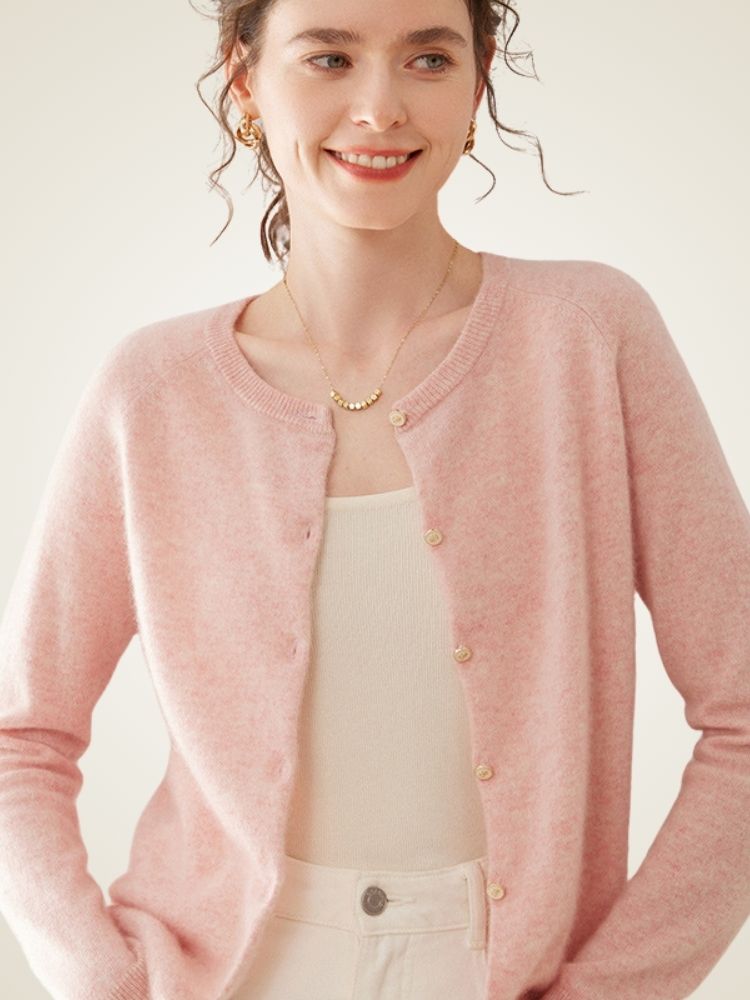 Dana - Light Pink Classic Pure Cashmere Cardigan | The Cashmere Studio