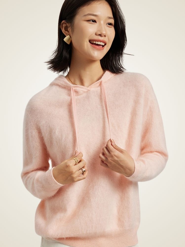 Senia - Light Pink Brushed Cashmere Hoodie | The Cashmere Studio