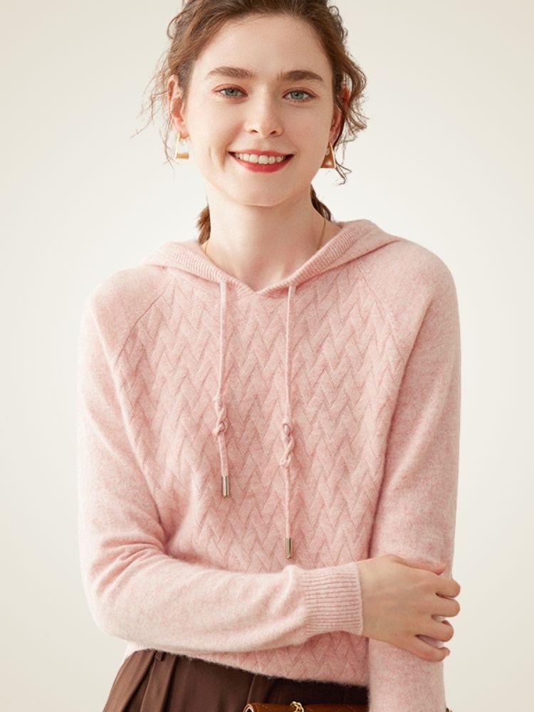 Amelise - Light Pink Chevron Knitted Cashmere Hoodie | The Cashmere Studio