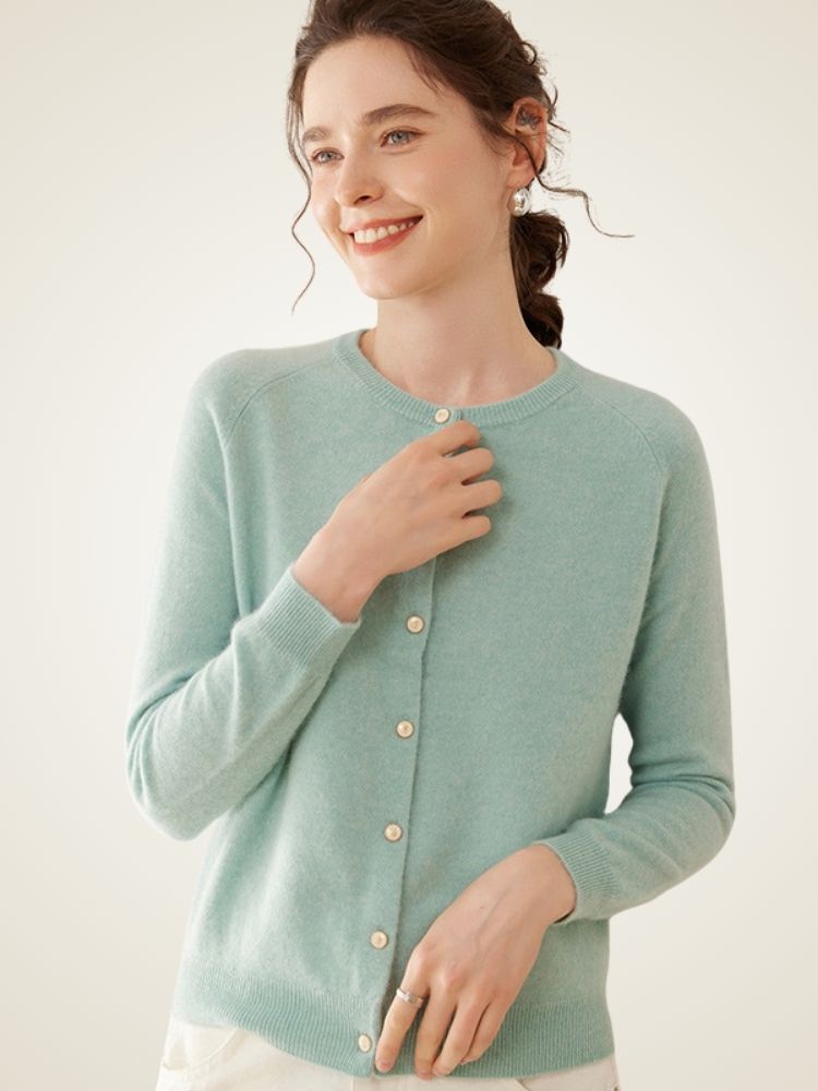 Dana - Light Teal Classic Pure Cashmere Cardigan | The Cashmere Studio