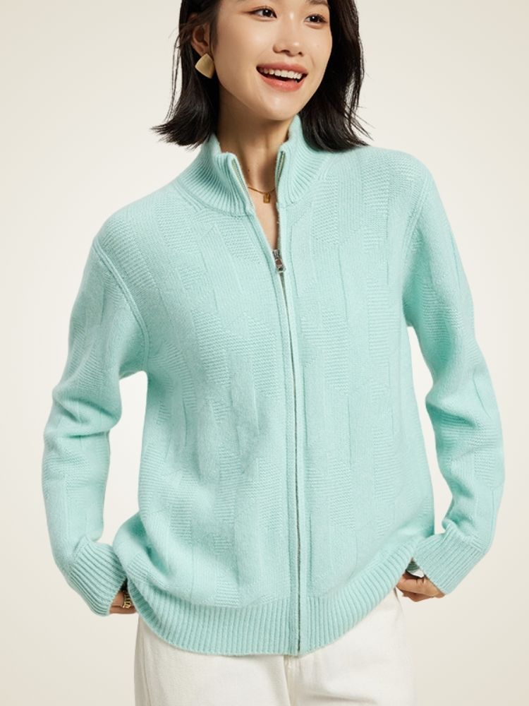 Vala - Light Teal Zip-Up Cashmere Sweater | The Cashmere Studio