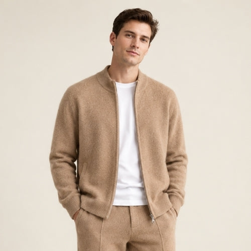 Lorien — Beige Zip-Up Cashmere Cardigan | The Cashmere Studio
