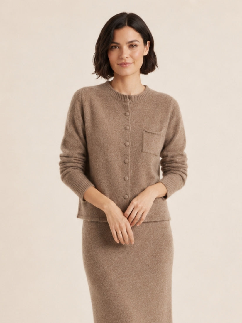 Lumara — Taupe Round-Neck Cashmere Cardigan | The Cashmere Studio