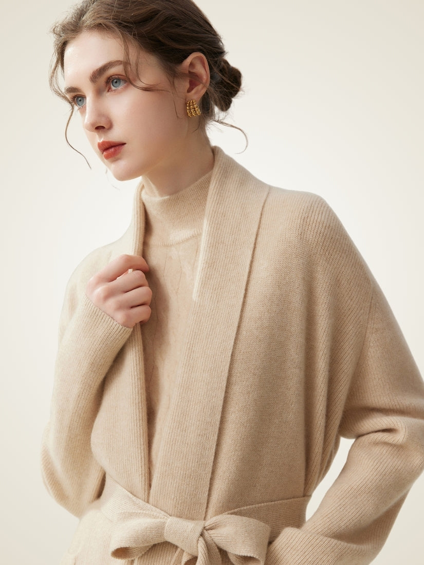Meranys - Beige Belted Cashmere Cardigan | The Cashmere Studio