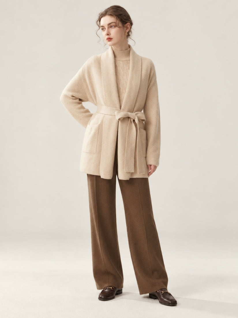Meranys - Beige Belted Cashmere Cardigan | The Cashmere Studio