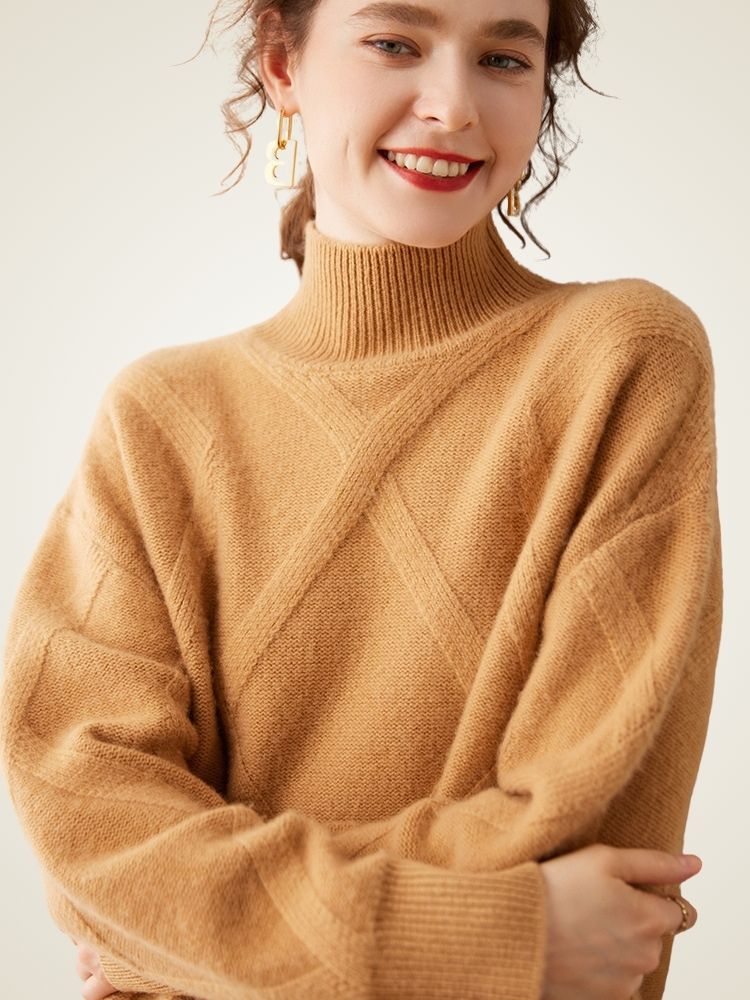 Nerina - Mustard Diamond Knit Cashmere Turtleneck | The Cashmere Studio