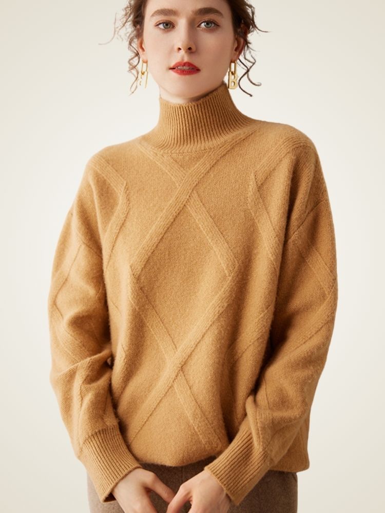 Nerina - Mustard Diamond Knit Cashmere Turtleneck | The Cashmere Studio