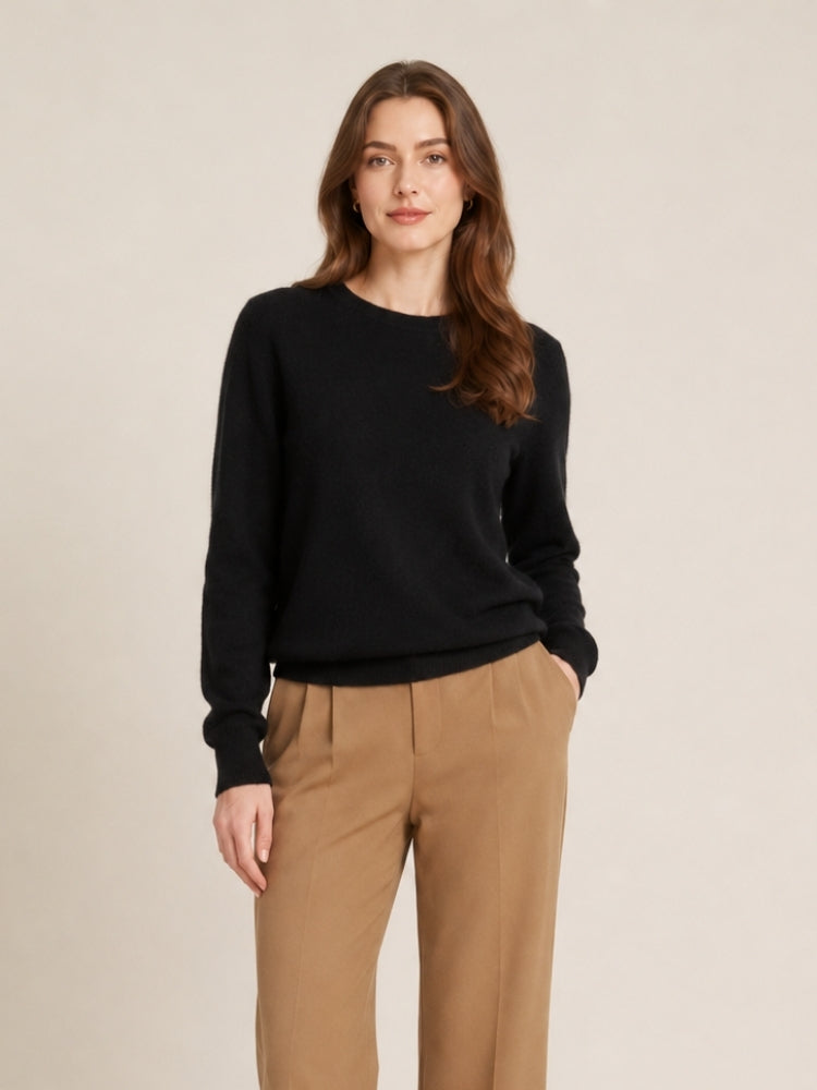 Myriana - Black Crew Neck Cashmere Sweater | The Cashmere Studio