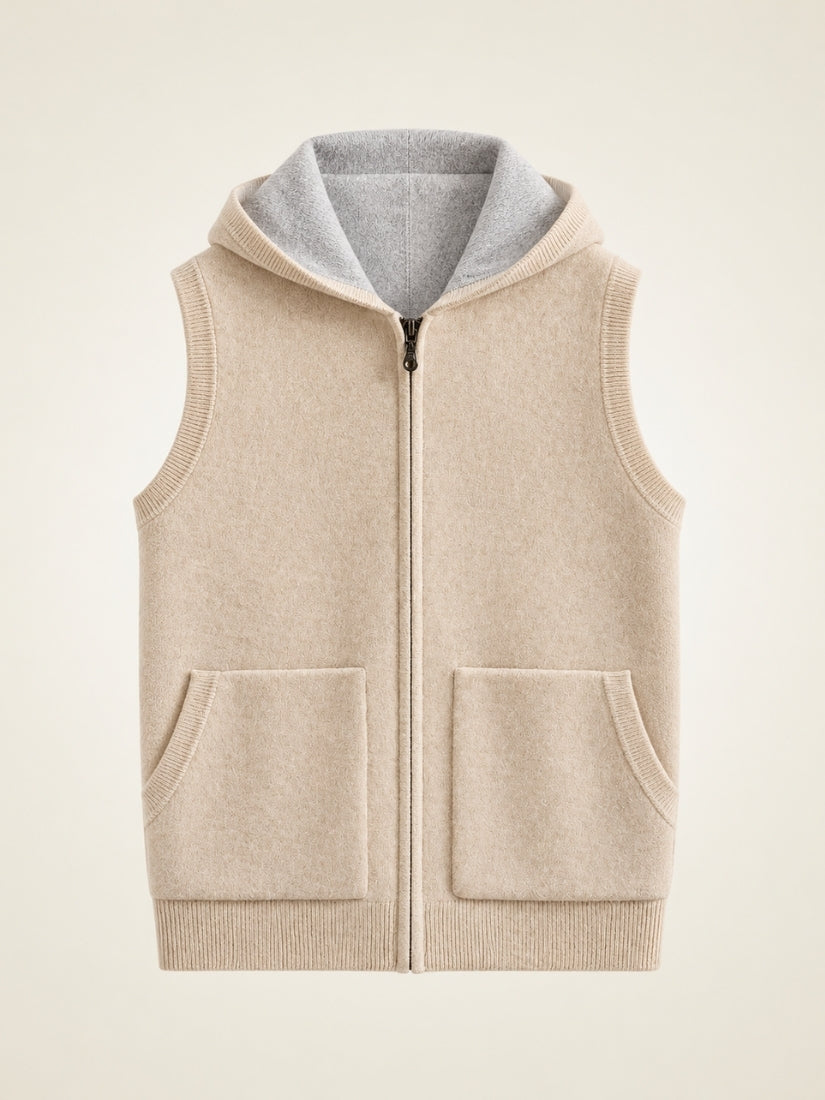 Nael — Beige Hooded Zip Cashmere Vest | The Cashmere Studio