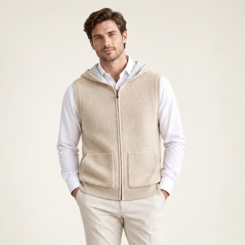 Nael — Beige Hooded Zip Cashmere Vest | The Cashmere Studio