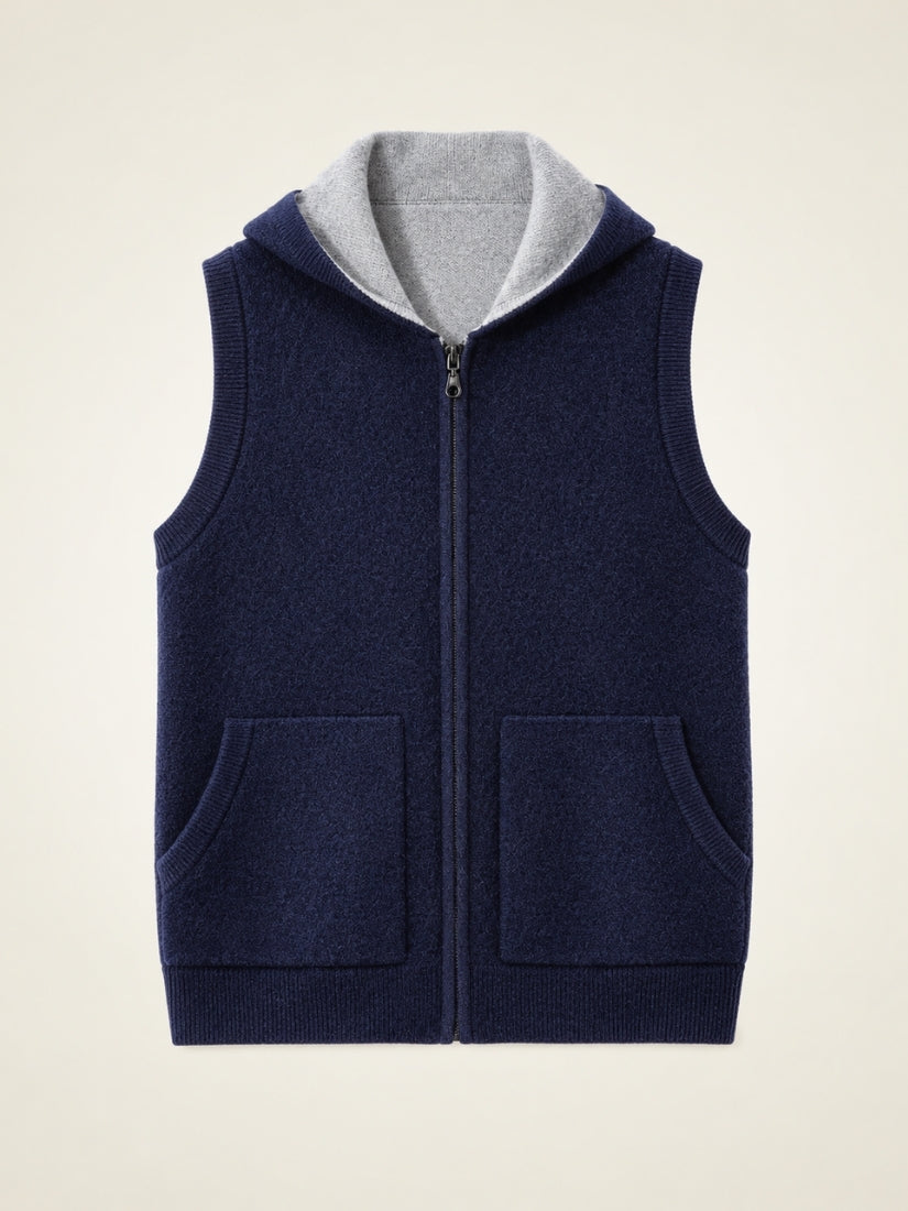 Nael — Navy Hooded Zip Cashmere Vest | The Cashmere Studio