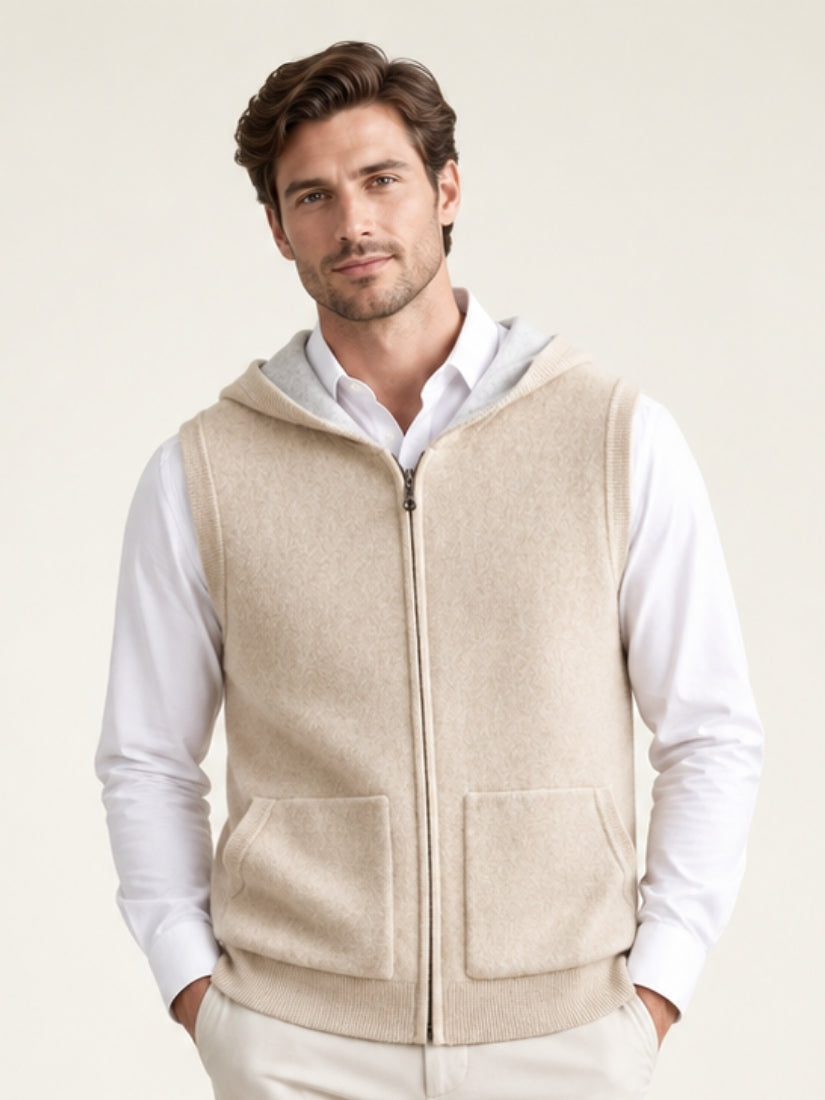Nael — Beige Hooded Zip Cashmere Vest | The Cashmere Studio