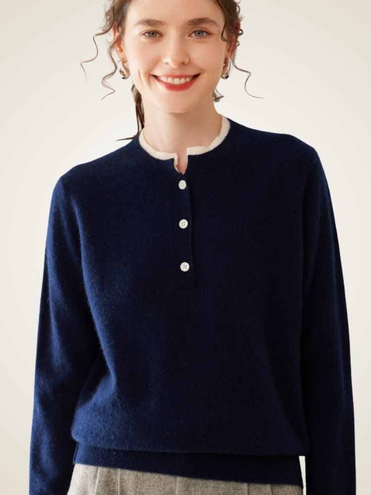 Zephara - Navy Classic Cashmere Henley Sweater | The Cashmere Studio