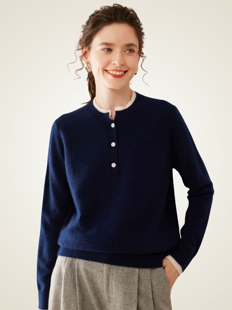 Zephara - Navy Classic Cashmere Henley Sweater | The Cashmere Studio