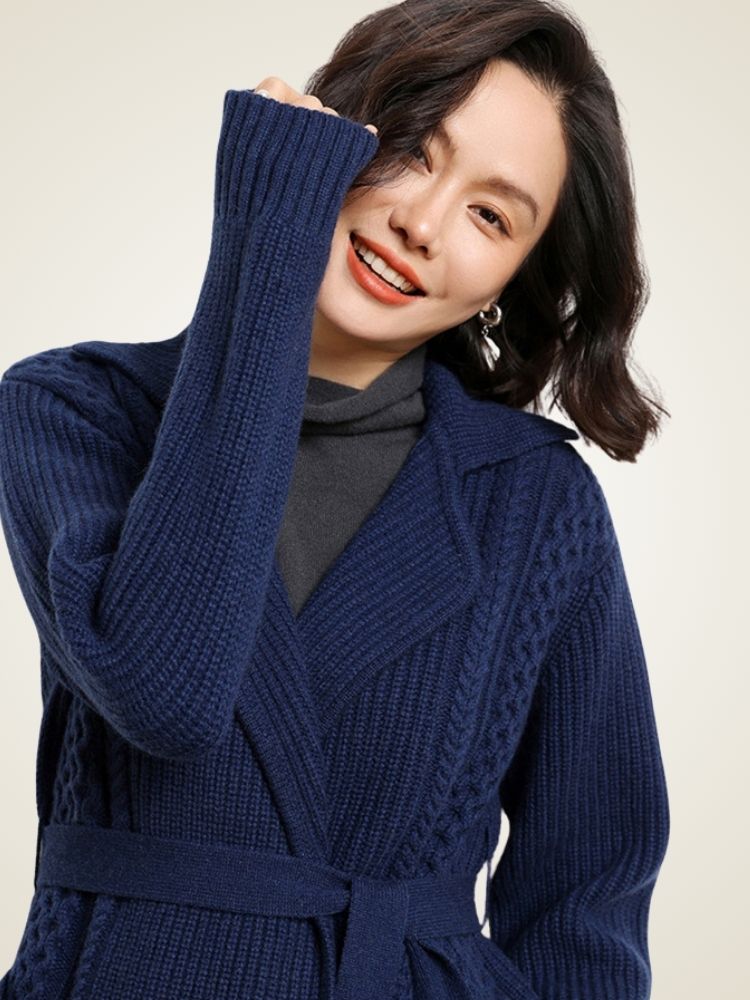 Elda - Navy Belted Cashmere Cardigan | The Cashmere Studio