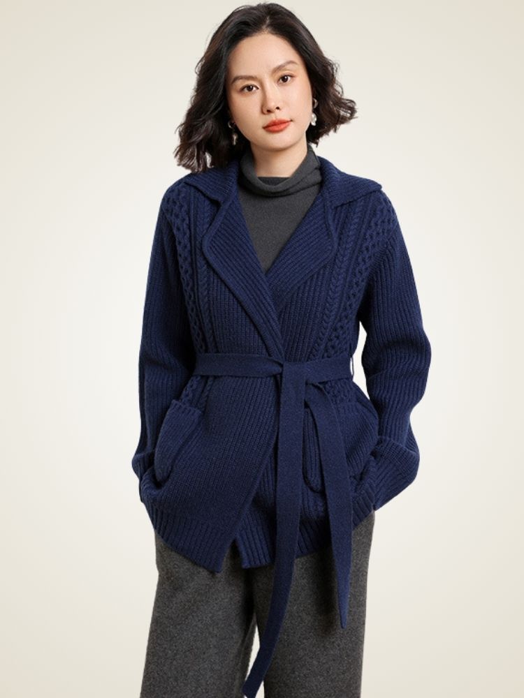 Elda - Navy Belted Cashmere Cardigan | The Cashmere Studio