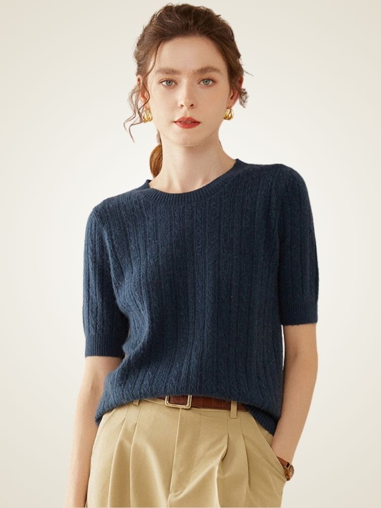 Celandine - Navy Short-Sleeve Cashmere Sweater | The Cashmere Studio