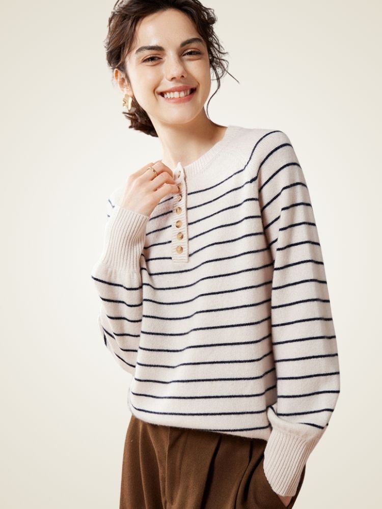 Saelis - Navy Striped Cashmere Sweater | The Cashmere Studio