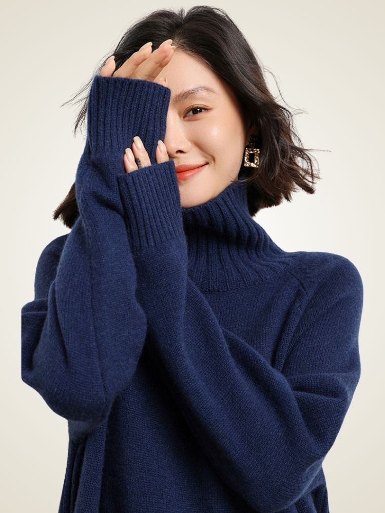 Mirel - Navy Turtleneck Cashmere Dress | The Cashmere Studio