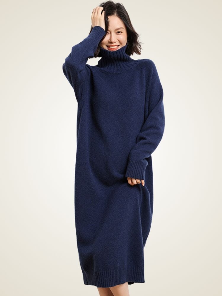 Mirel - Navy Turtleneck Cashmere Dress | The Cashmere Studio