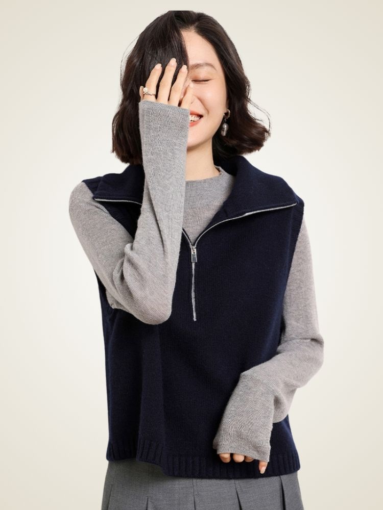 Adara - Navy Half-Zip Cashmere Vest | The Cashmere Studio