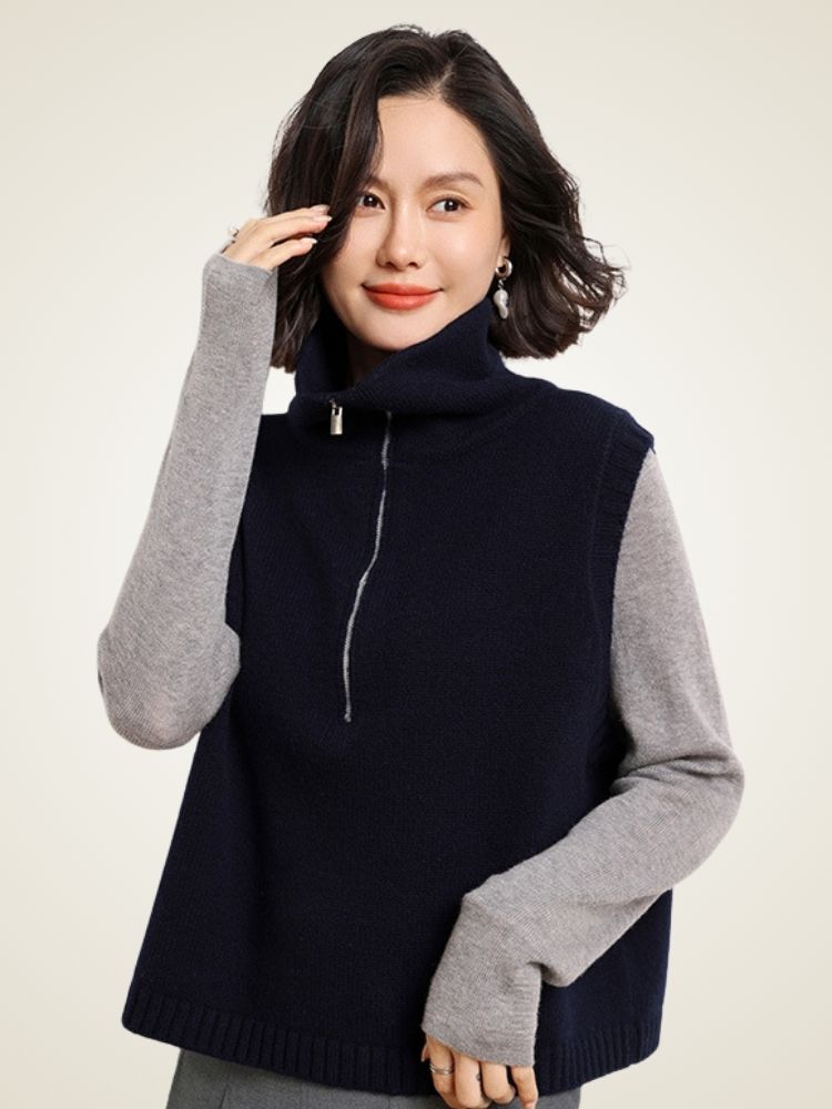 Adara - Navy Half-Zip Cashmere Vest | The Cashmere Studio