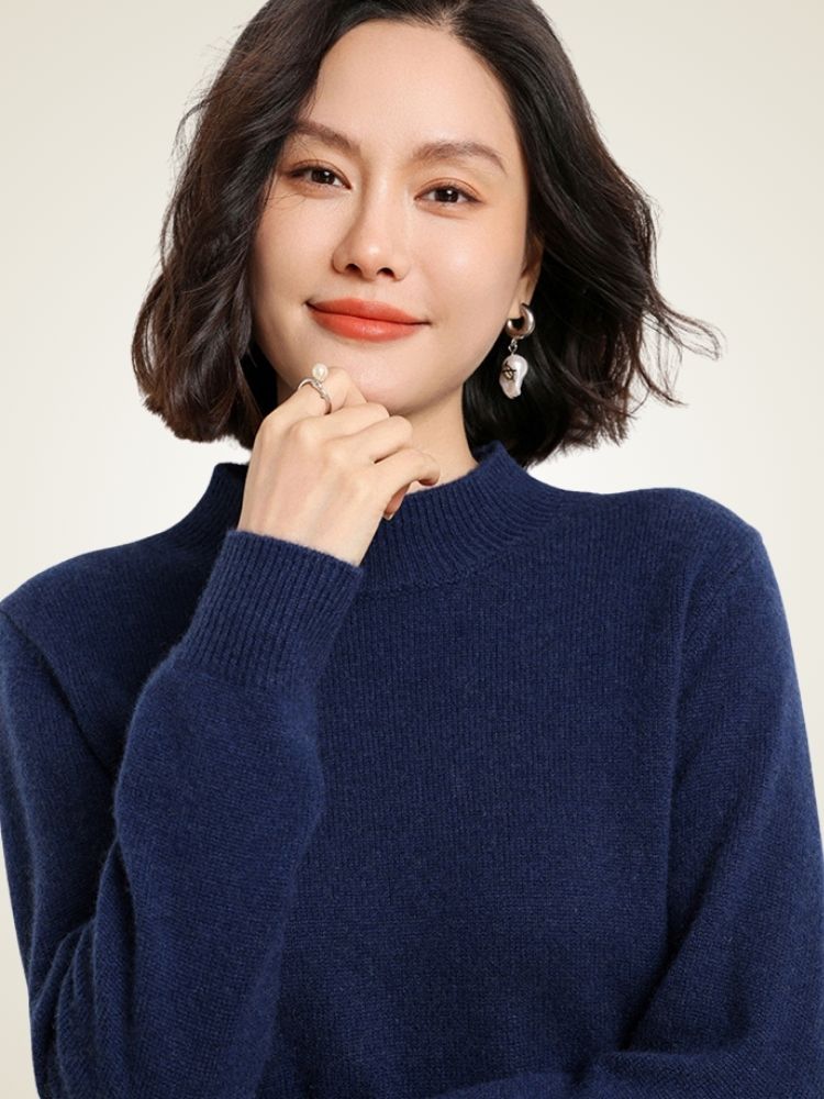 Odalisse - Navy Mock Neck Cashmere Sweater | The Cashmere Studio