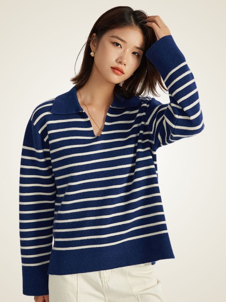 Nelyssa - Navy Striped Cashmere Sweater | The Cashmere Studio