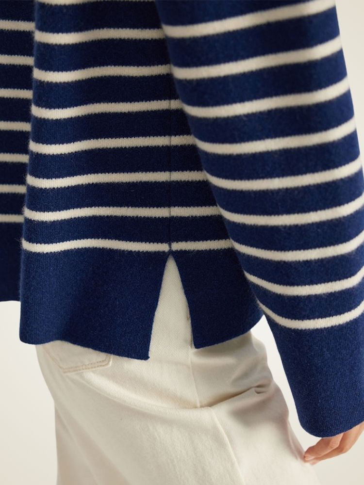 Nelyssa - Navy Striped Cashmere Sweater | The Cashmere Studio