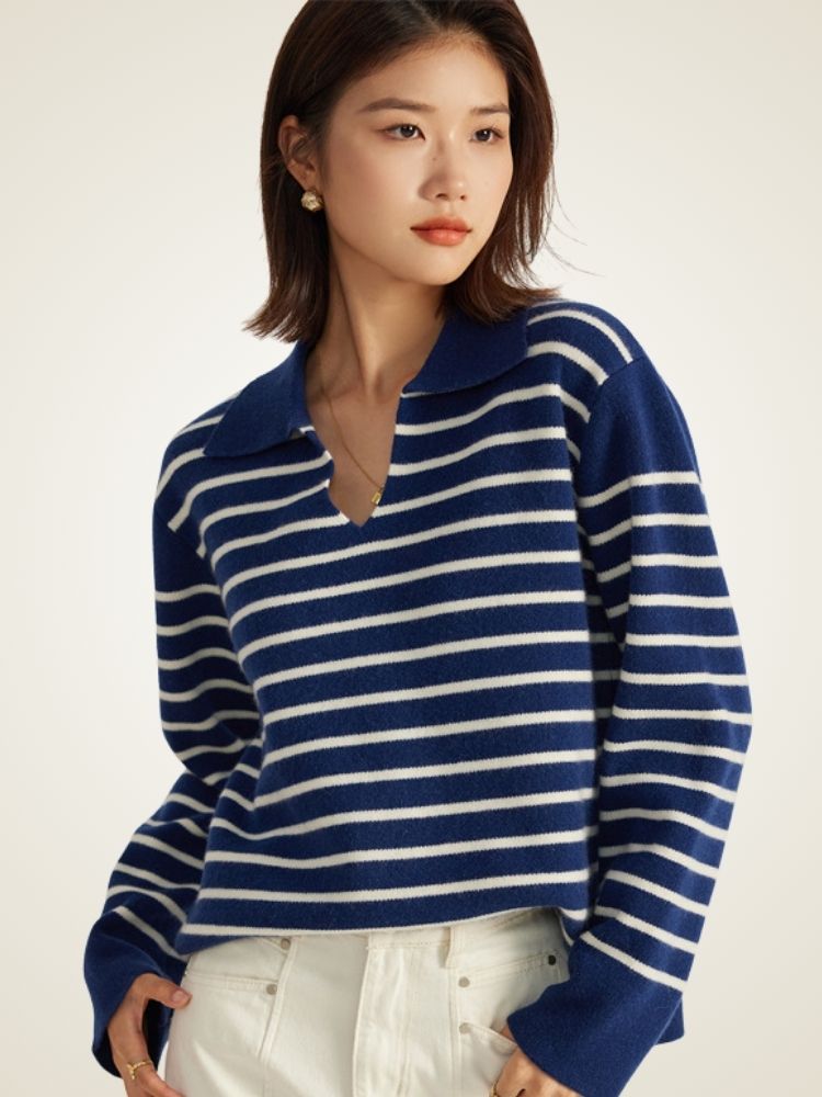 Nelyssa - Navy Striped Cashmere Sweater | The Cashmere Studio