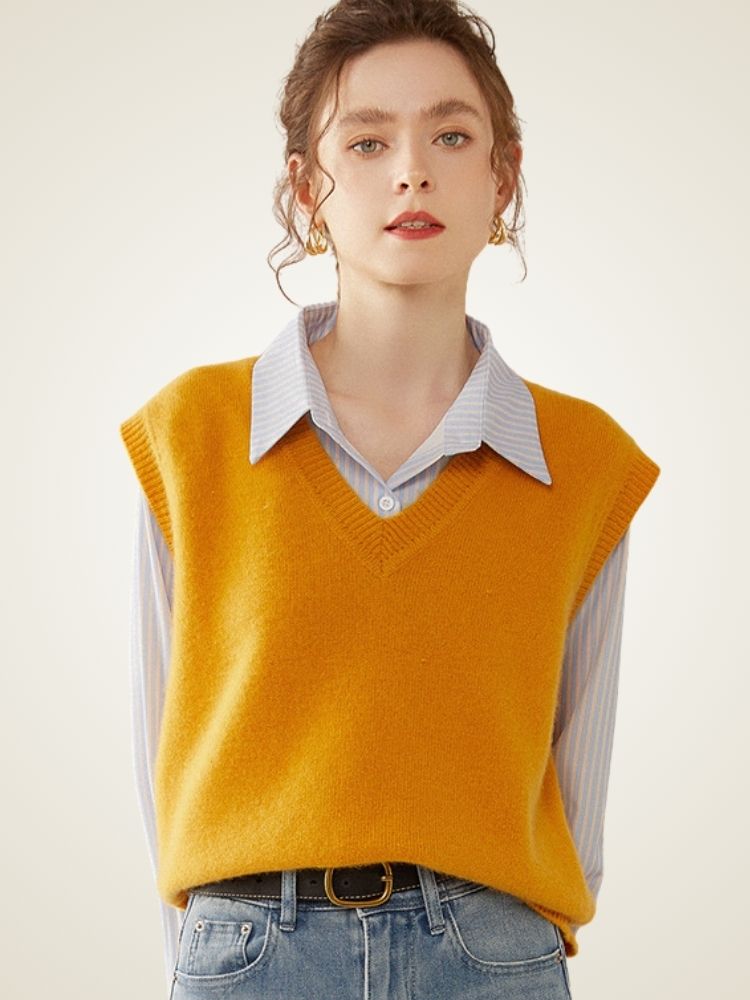 Lorene - Orange Classic Cashmere Vest | The Cashmere Studio