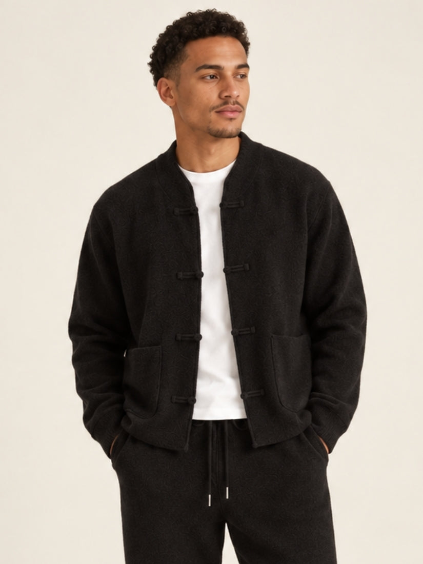 Orian — Black Mandarin-Collar Cashmere Cardigan | The Cashmere Studio