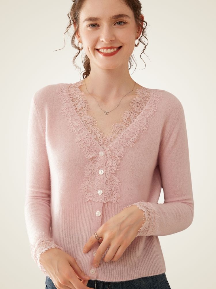 Brooke - Pink Lace Collar Cashmere Cardigan | The Cashmere Studio