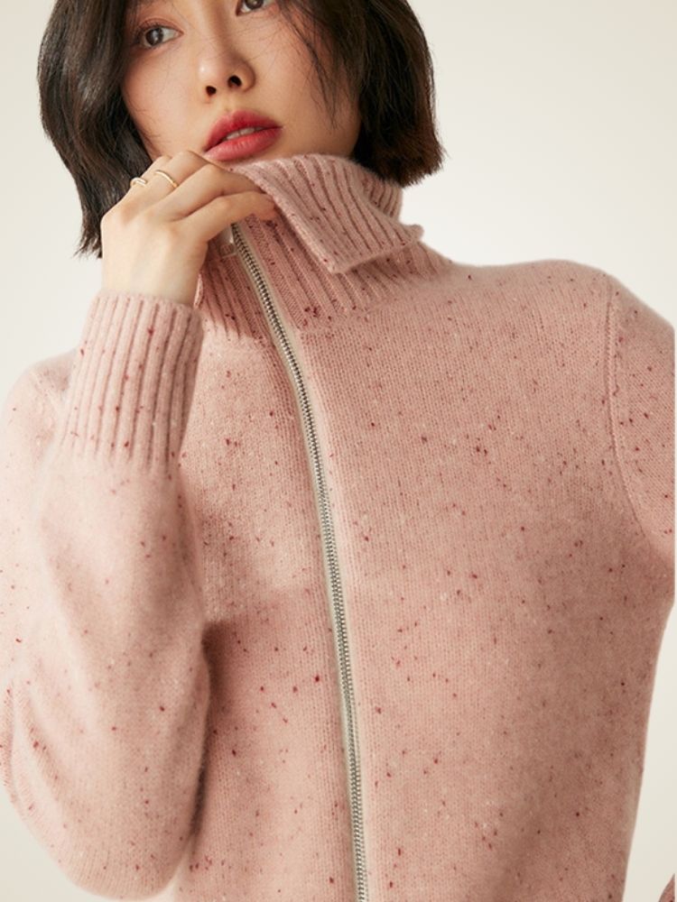 Levana - Pink Heather Polo Collar Cashmere Cardigan | The Cashmere Studio