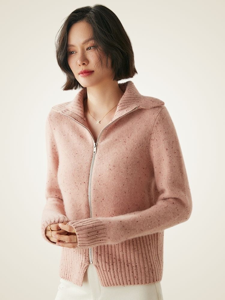 Levana - Pink Heather Polo Collar Cashmere Cardigan | The Cashmere Studio