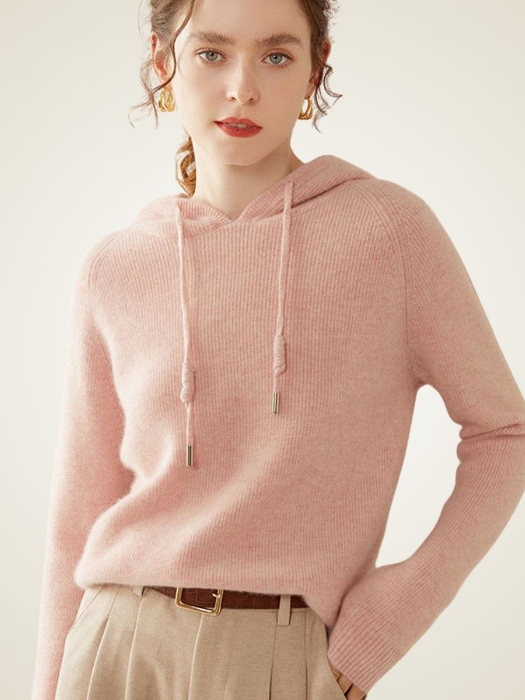 Colleen - Pink Ribbed Cashmere Hoodie | The Cashmere Studio