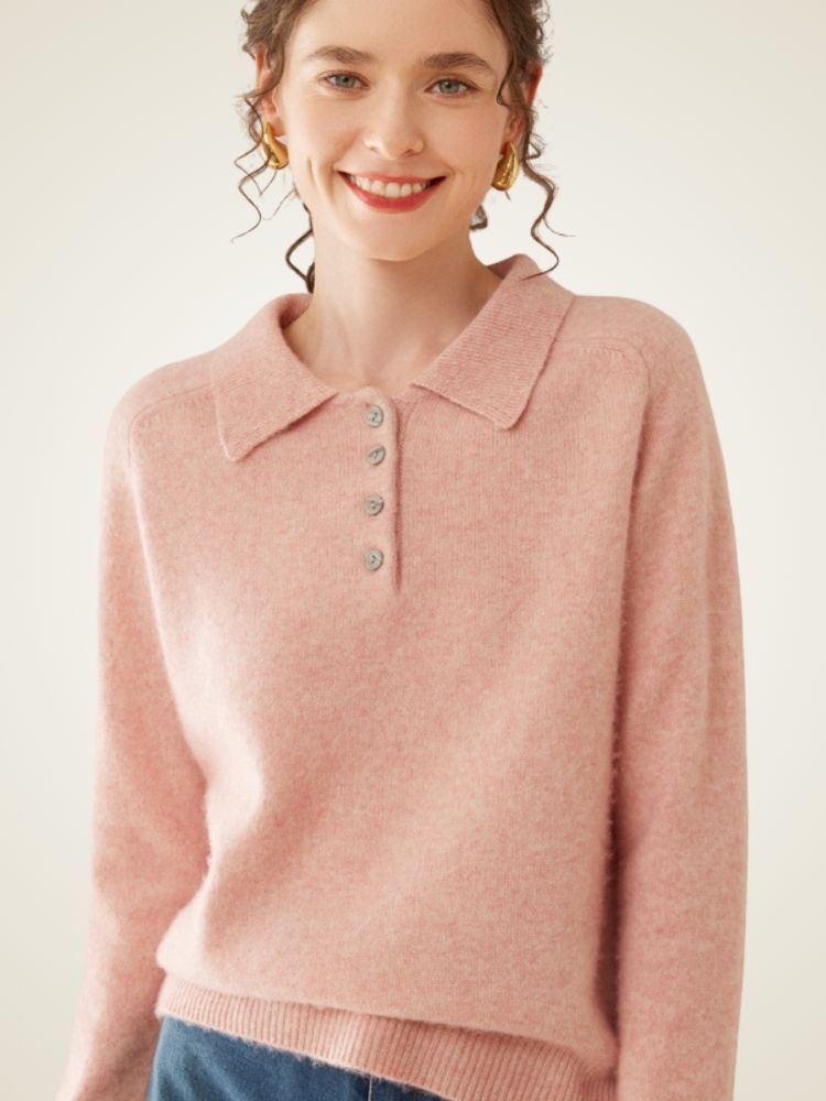 Estelara - Pink Cashmere Polo Sweater |  The Cashmere Studio