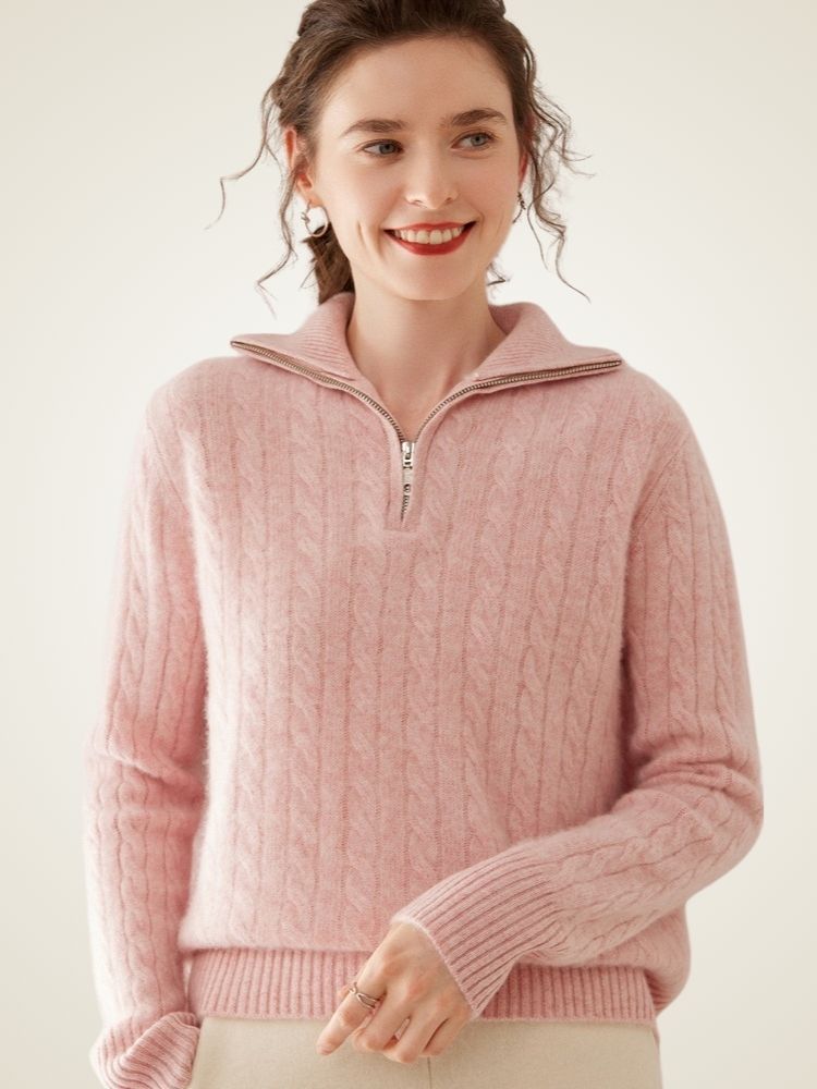 Milana - Pink Half-Zip Cashmere Sweater | The Cashmere Studio