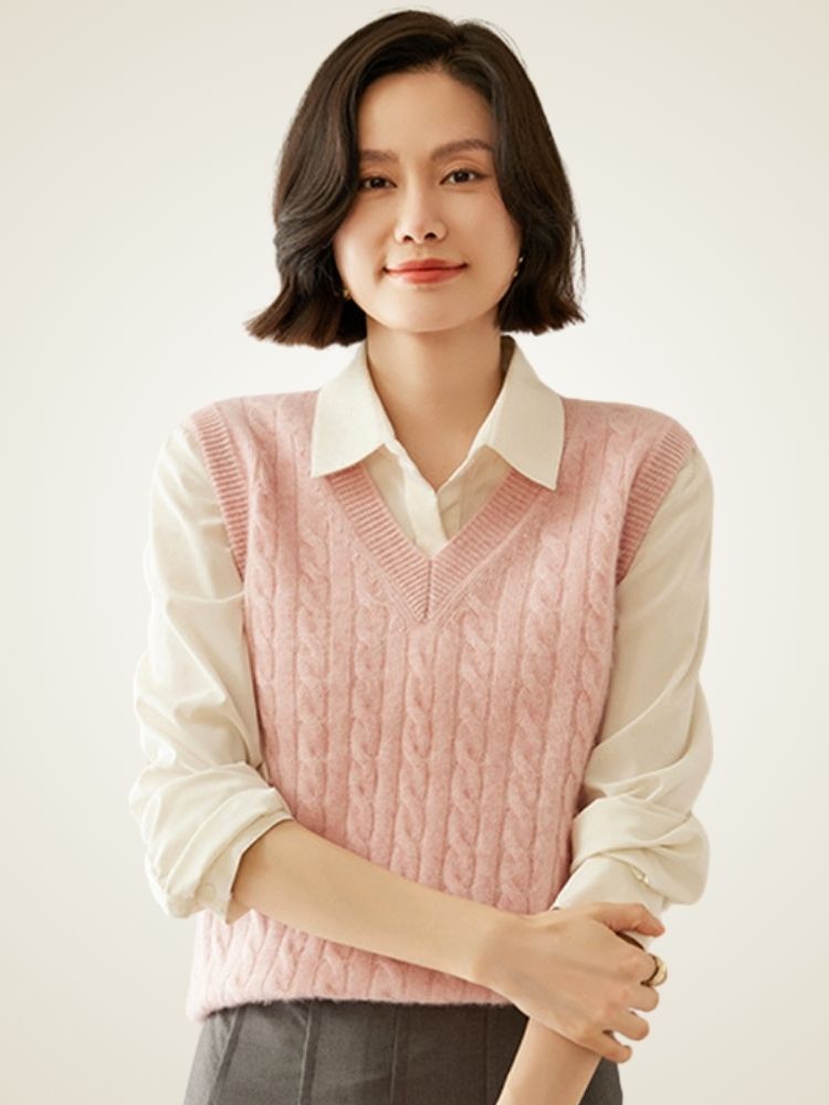 Marlene - Pink Cable-Knit Cashmere Vest | The Cashmere Studio