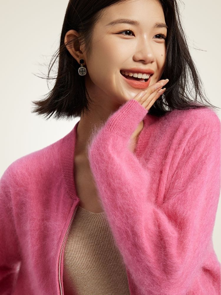 Nalina - Pink Zip-Up Crew Neck Sweater | The Cashmere Studio