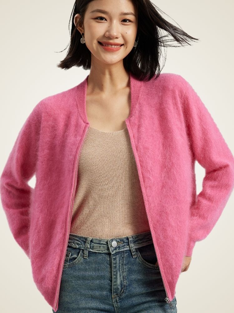 Nalina - Pink Zip-Up Crew Neck Sweater | The Cashmere Studio
