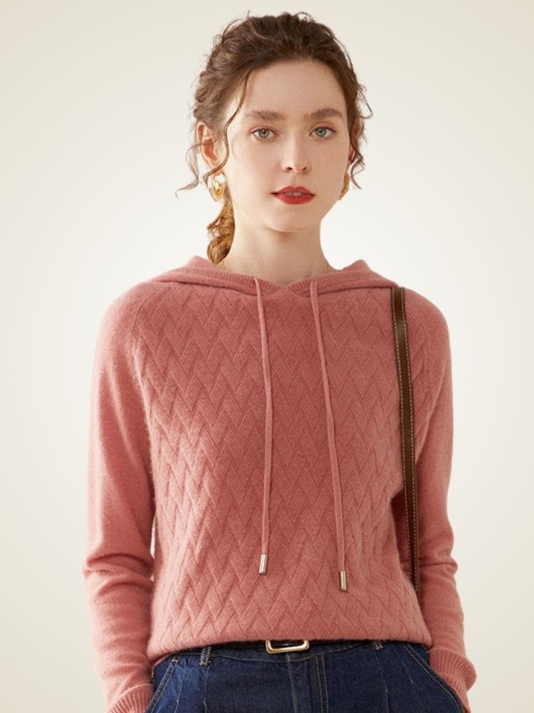 Amelise - Pink Chevron Knitted Cashmere Hoodie | The Cashmere Studio