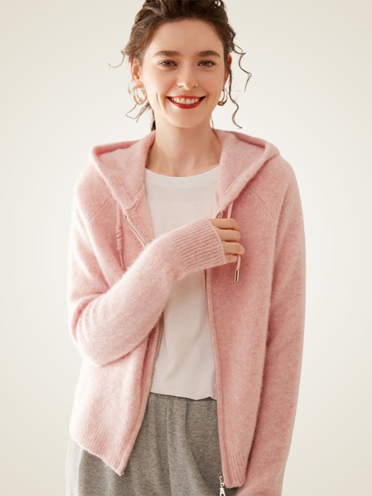 Hesper - Pink Soft Cashmere Zip-Up Hoodie | The Cashmere Studio