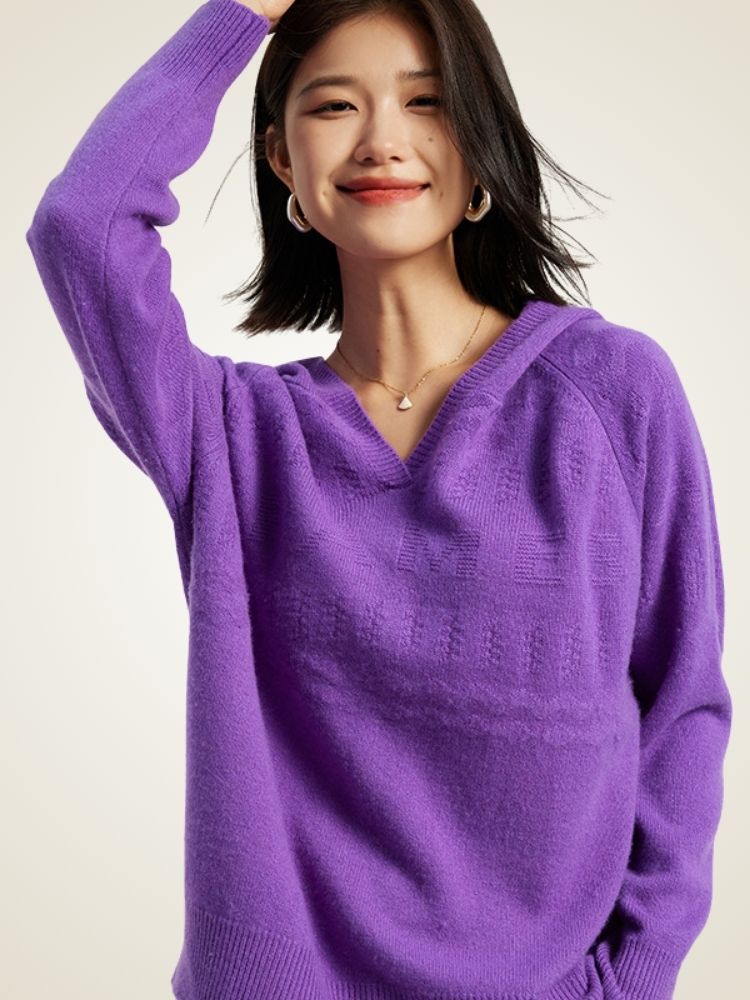 Zylia - Purple V-Neck Cashmere Hoodie | The Cashmere Studio