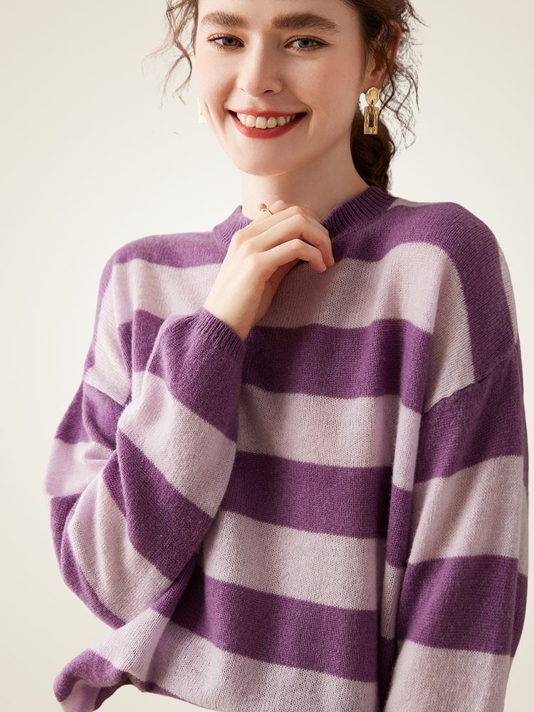 Olaria - Purple Striped Cashmere Crewneck | The Cashmere Studio