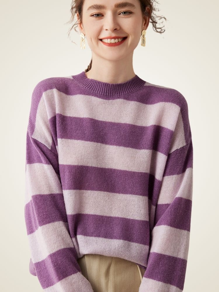 Olaria - Purple Striped Cashmere Crewneck | The Cashmere Studio
