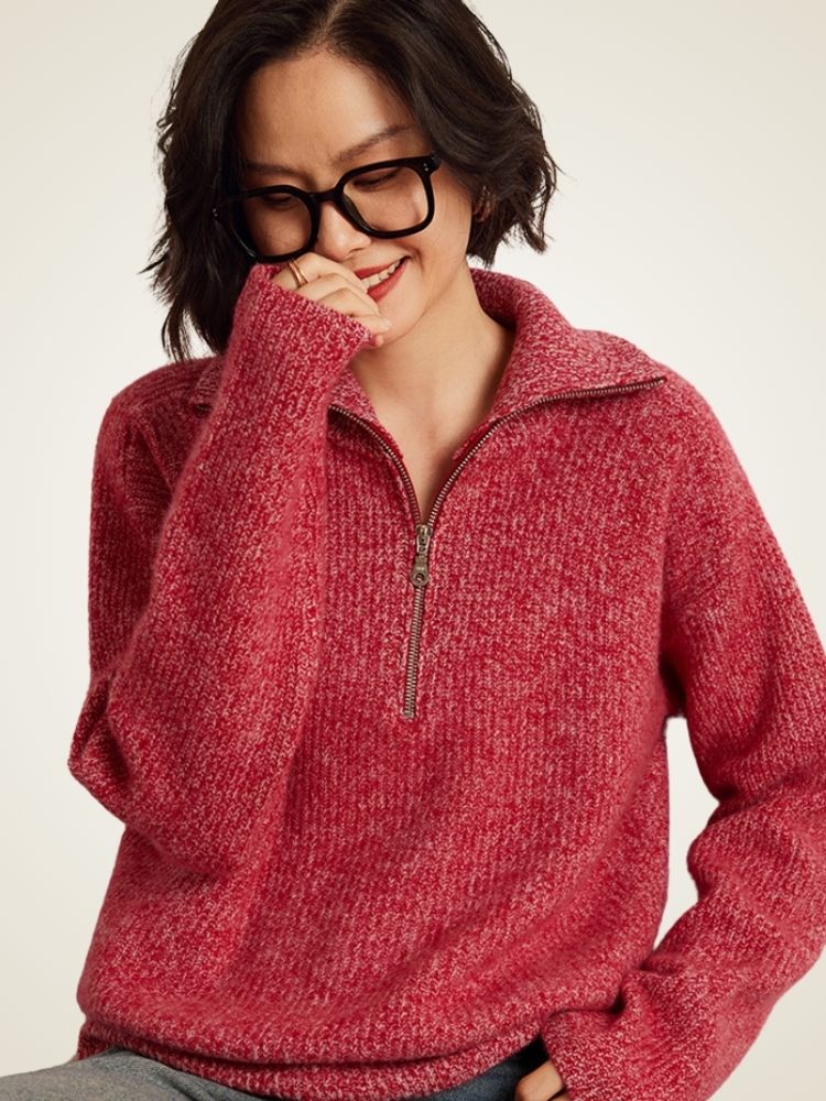 Reina - Red Half-Zip Cashmere Sweater | The Cashmere Studio